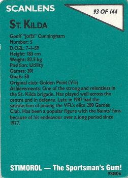 1988 Scanlens VFL #93 Geoff Cunningham Back